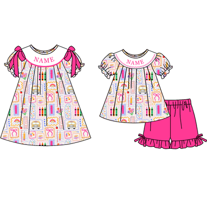 Personalized Girls Back to School Dress & Short Set | Custom Embroidered Name Boutique Outfit