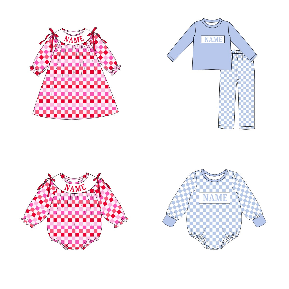 Kids Valentine's Day Plaid Smocked Collection Custom Name Holiday Outfits