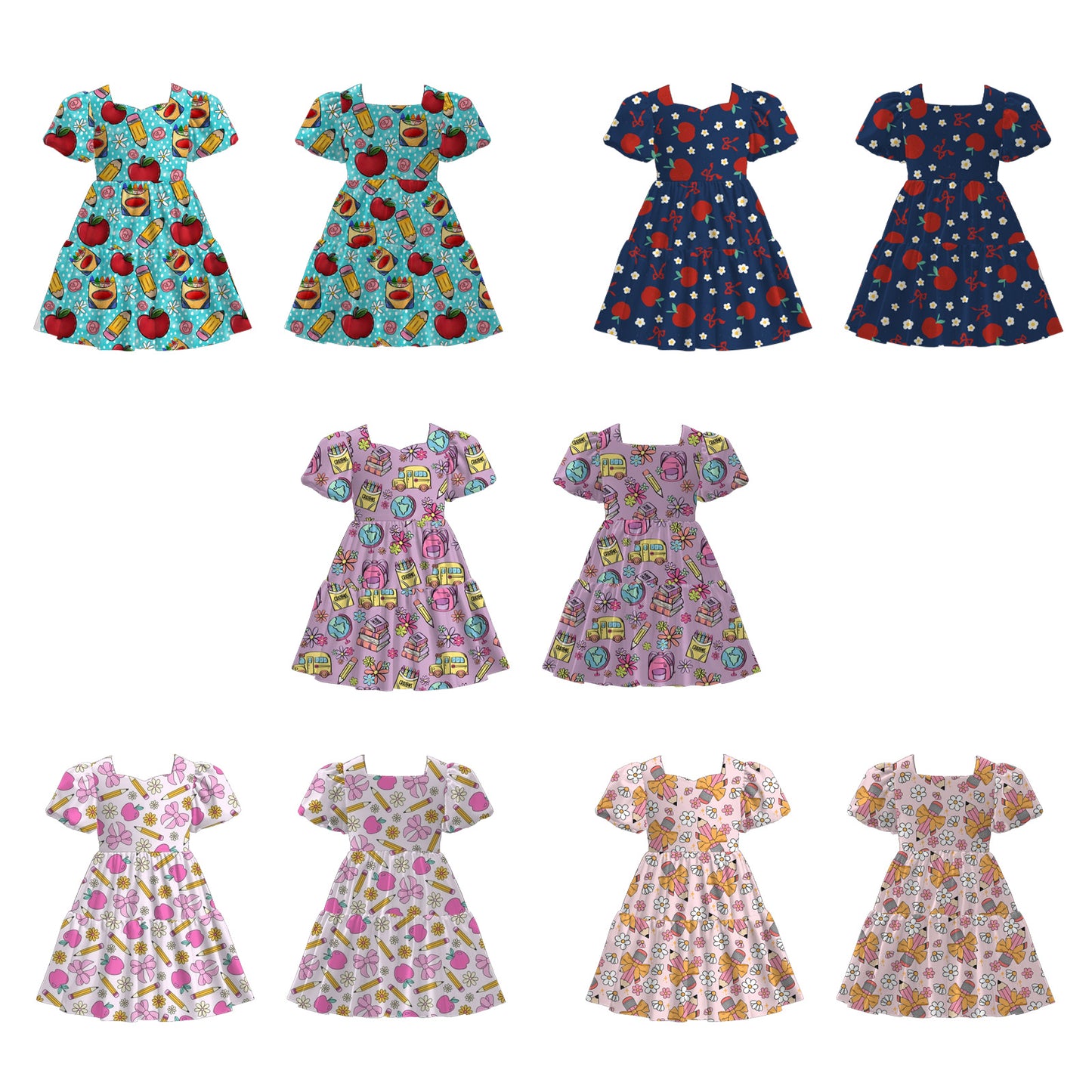Back to School Puff Sleeve Dress – Apple, Pencil & Bus Print
