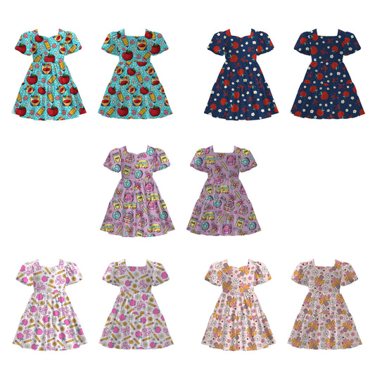 Back to School Puff Sleeve Dress – Apple, Pencil & Bus Print