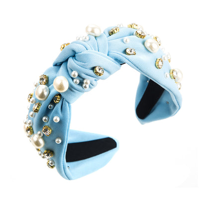 Wide Knotted Headband with Pearls & Rhinestones Padded Fashion Hair Band for Women & Girls