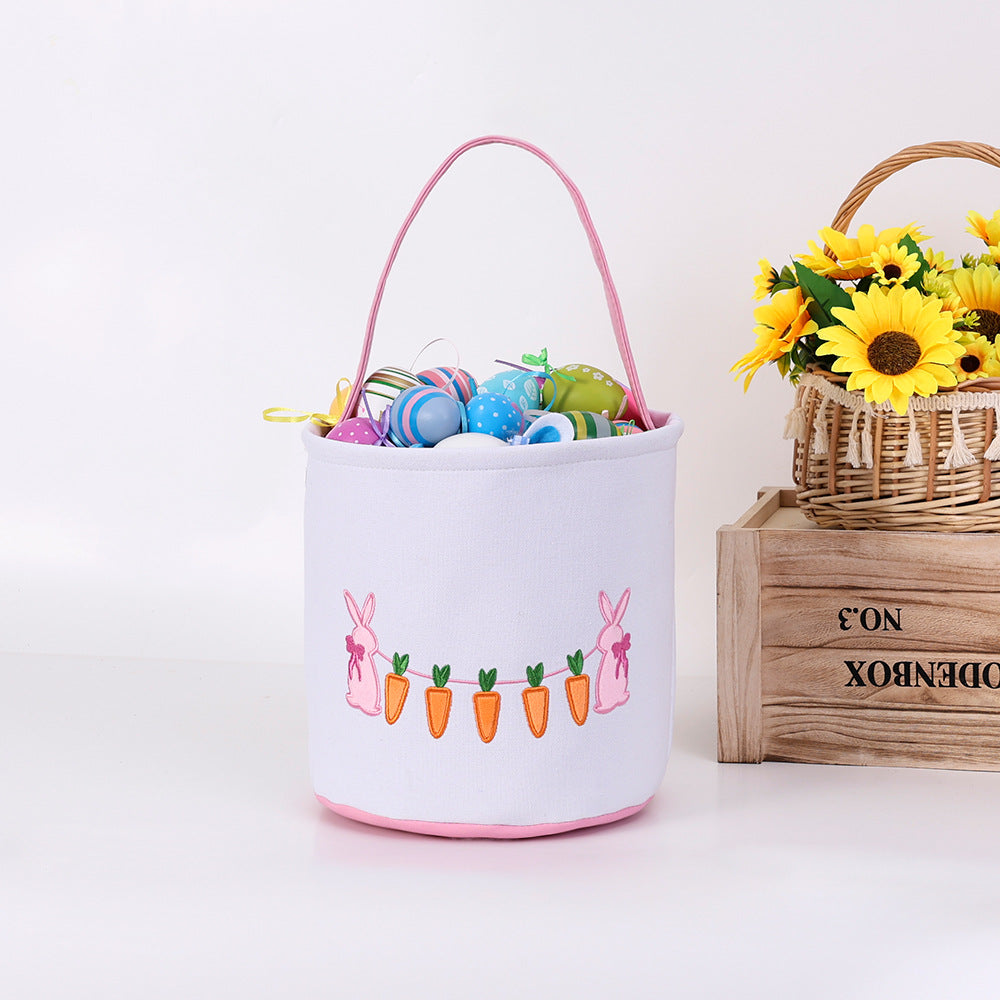 Easter Bunny Embroidered Candy Basket with Carrot Design, Kids Treat Bucket