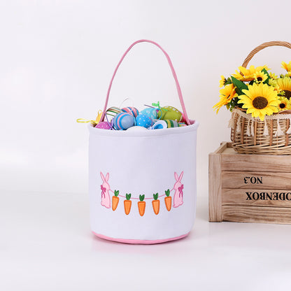 Easter Bunny Embroidered Candy Basket with Carrot Design, Kids Treat Bucket