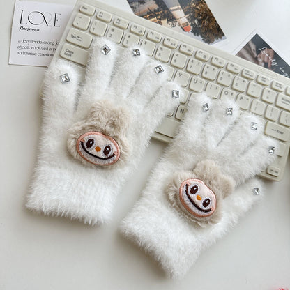 Winter Knit Gloves with Plush Doll Decoration Warm Fuzzy Rhinestone Finger Gloves for Parent Child Matching