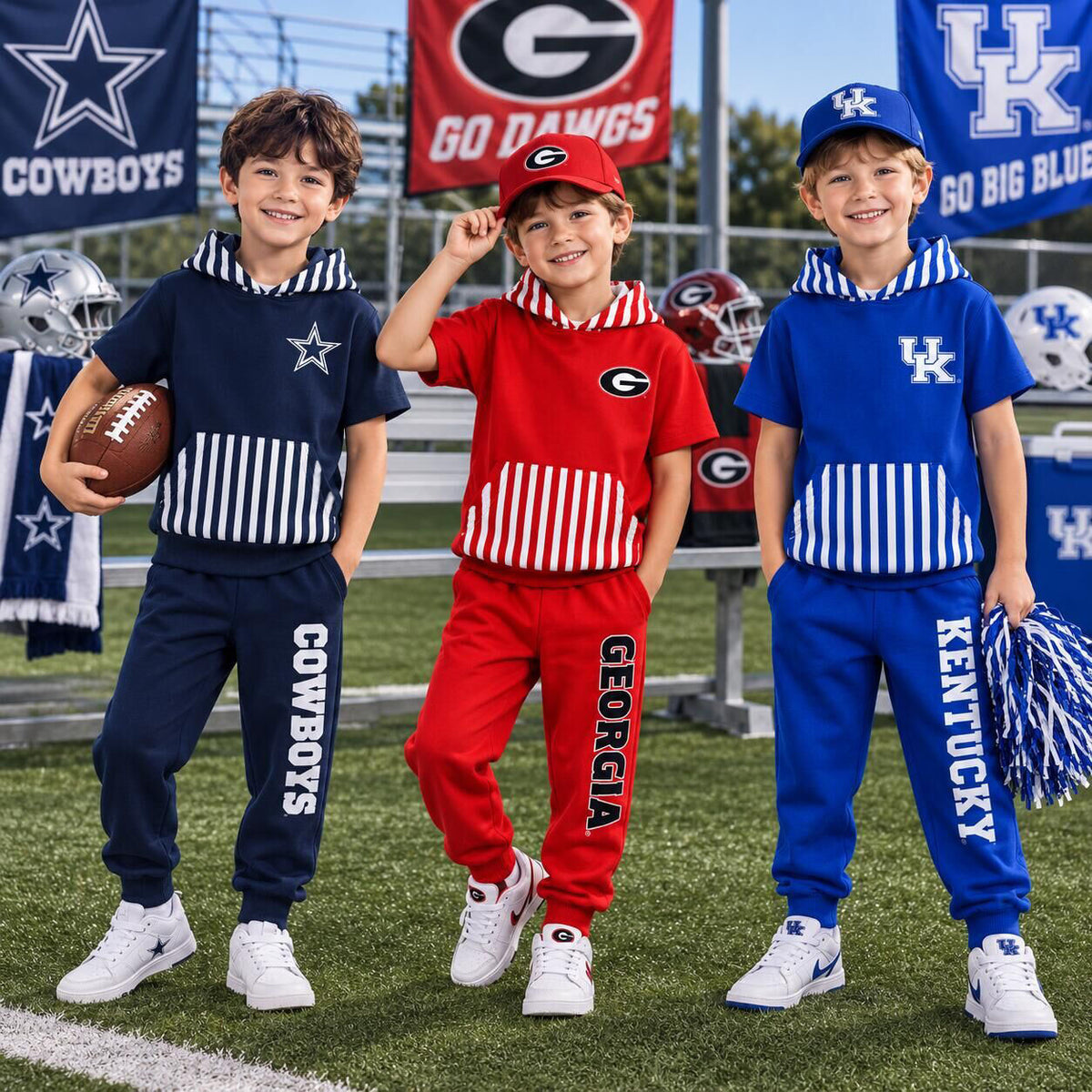 Boys Game Day Football Short Sleeve Hoodie & Jogger Pants Set – Cowboys Georgia Kentucky Team Spirit Outfit