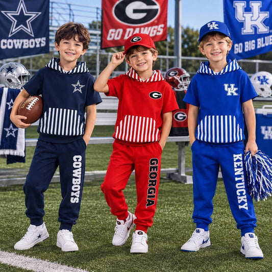 Boys Game Day Football Short Sleeve Hoodie & Jogger Pants Set – Cowboys Georgia Kentucky Team Spirit Outfit
