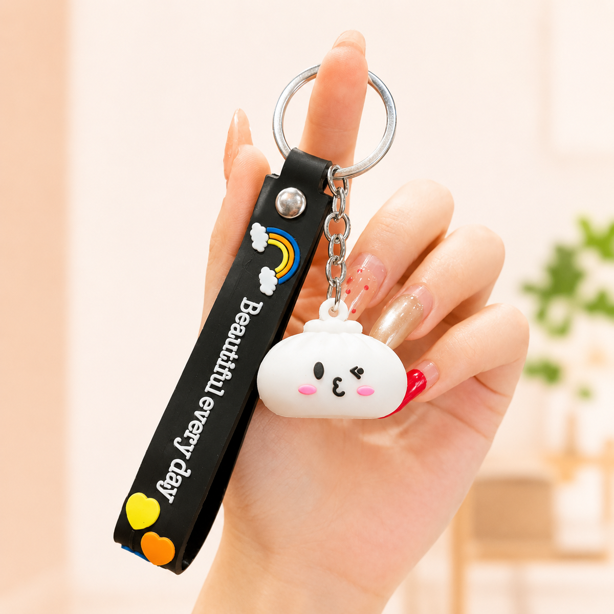 Cute Kawaii Dumpling Silicone Keychain with Rainbow Wrist Strap
