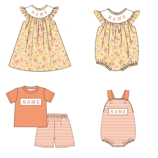 Kids Fall Custom Name Embroidery Orange Floral Sibling Clothes
