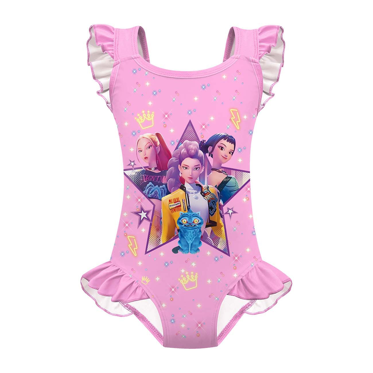 K-pop Demon Hunter Print Girls One-Piece Swimsuit Ruffles Swimwear