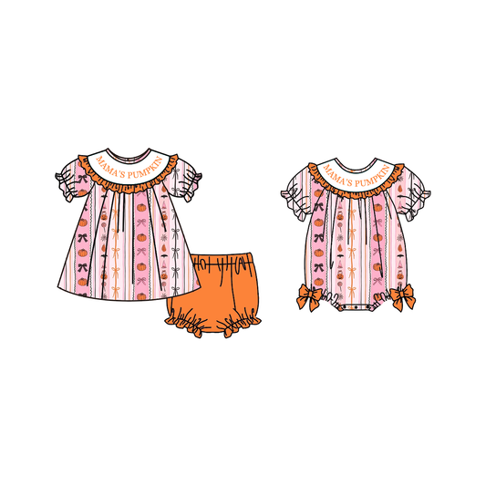 Mama's Pumpkin Halloween Collection | Girls Dress Set & Baby Bubble Romper | Boutique Fall Outfit
