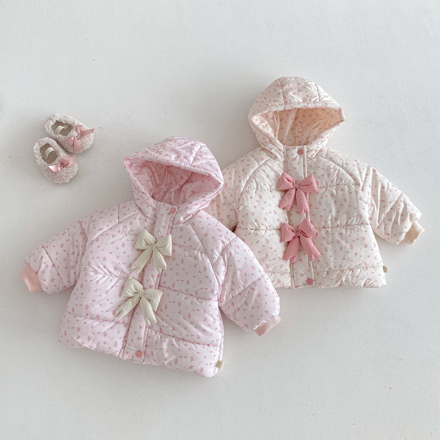 2025 Winter Girls’ Floral Cotton Coat Hooded Padded Jacket with Bow Decor