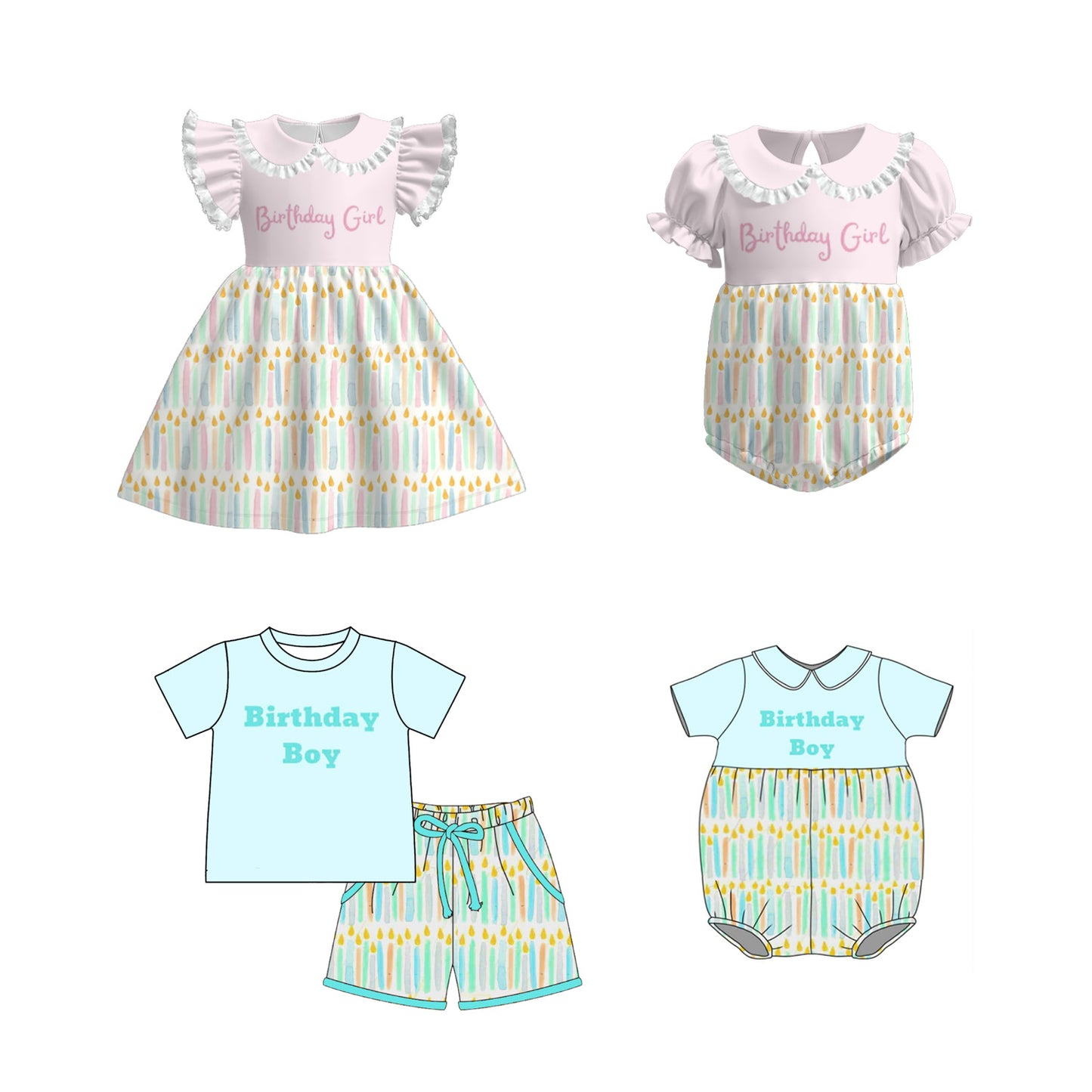 Kids Spring Summer Brithday Embroidery Candle Sibling Set