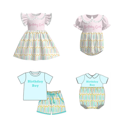Kids Spring Summer Brithday Embroidery Candle Sibling Set