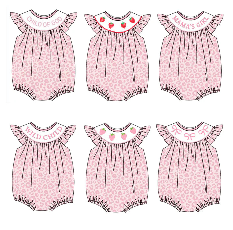 Girls Pink Leopard Strawberry Bow Embroidery Bubbles