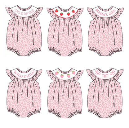Girls Pink Leopard Strawberry Bow Embroidery Bubbles