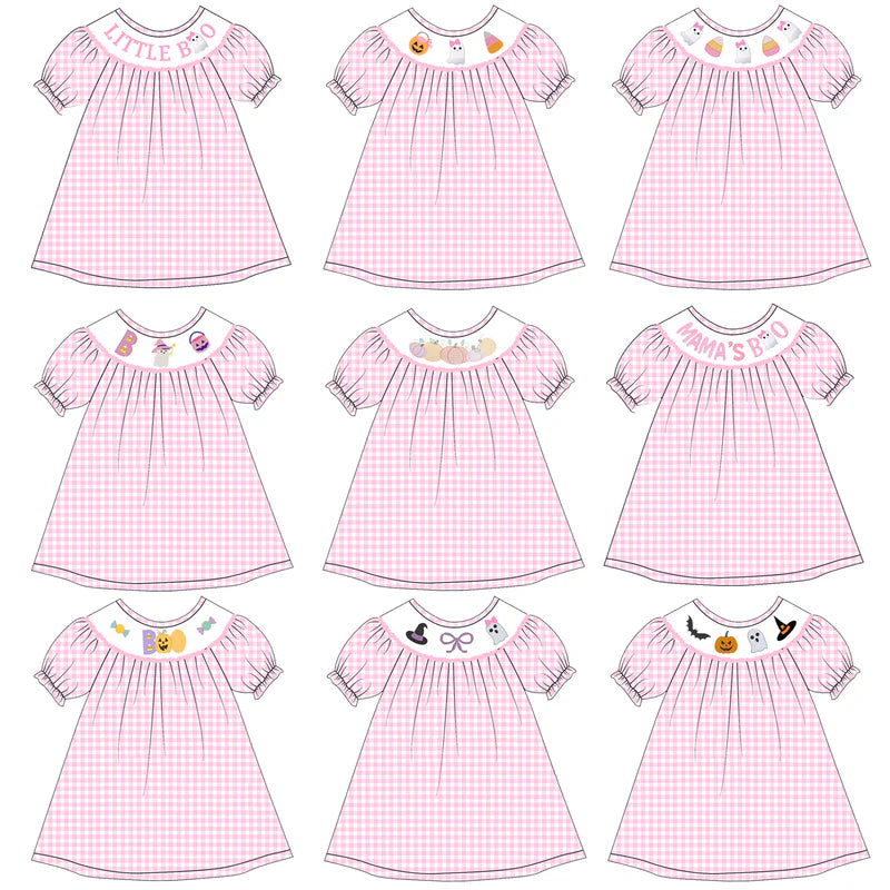 Girls Halloween Pink Plaid Pumpkin Ghost Embroidery Smock Dress