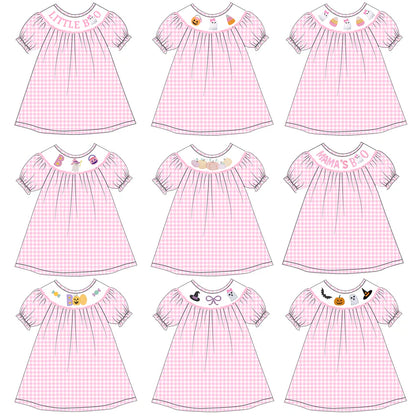 Girls Halloween Pink Plaid Pumpkin Ghost Embroidery Smock Dress