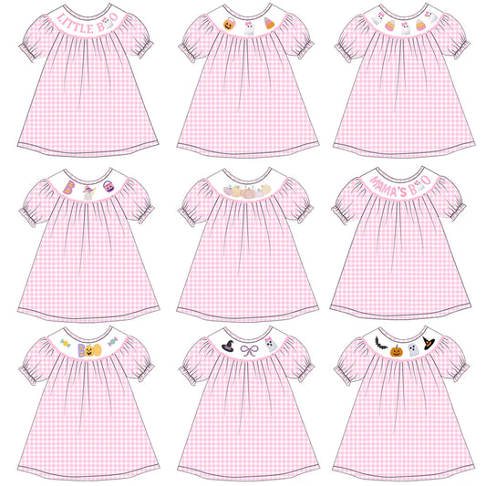 Girls Halloween Pink Plaid Pumpkin Ghost Embroidery Smock Dress