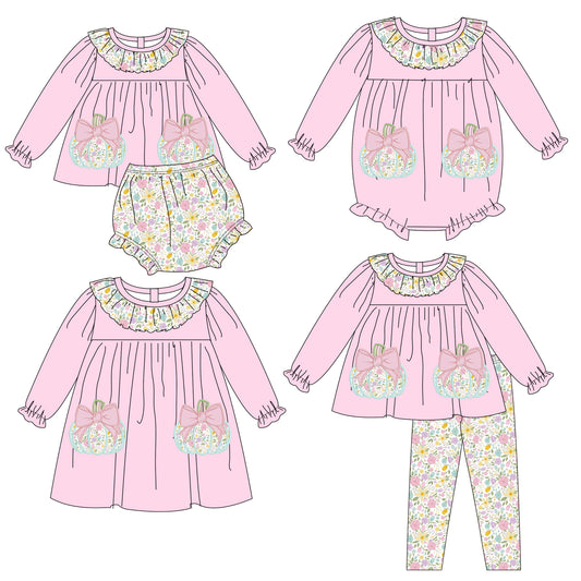 Girls Fall Halloween Pink Floral Pumpkin Embroidery Sibling Outfits