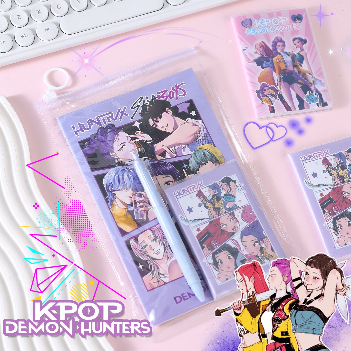 K-POP Demon Hunter Girl Group Stationery Set Notebook, Click Pen, Highlighter & Zipper Pouch for School or Office