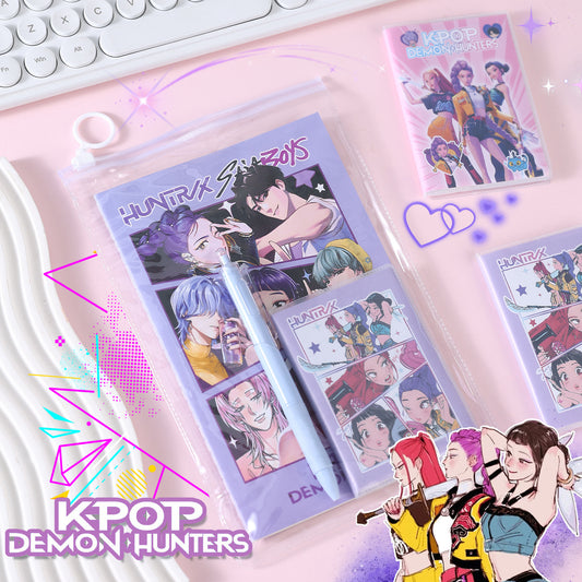 K-POP Demon Hunter Girl Group Stationery Set Notebook, Click Pen, Highlighter & Zipper Pouch for School or Office