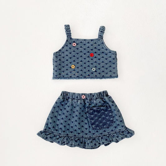 Summer Baby Girl Set Button Decor Heart Denim Top Skirt