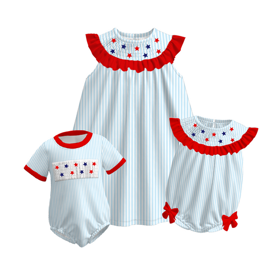 Kids July 4th Sibling Smocked Star Dress And Romper