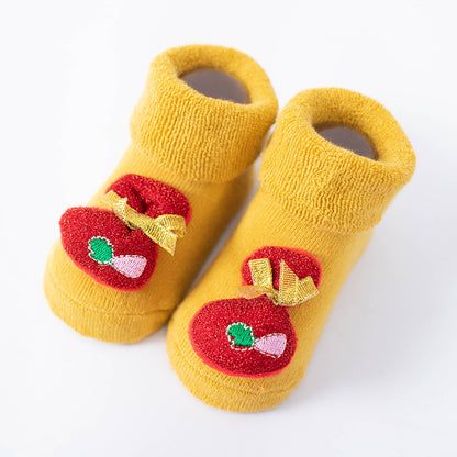 Newborn Baby Christmas Socks Red Combed Cotton Thick Fleece-Lined Non-Slip Floor Socks Winter