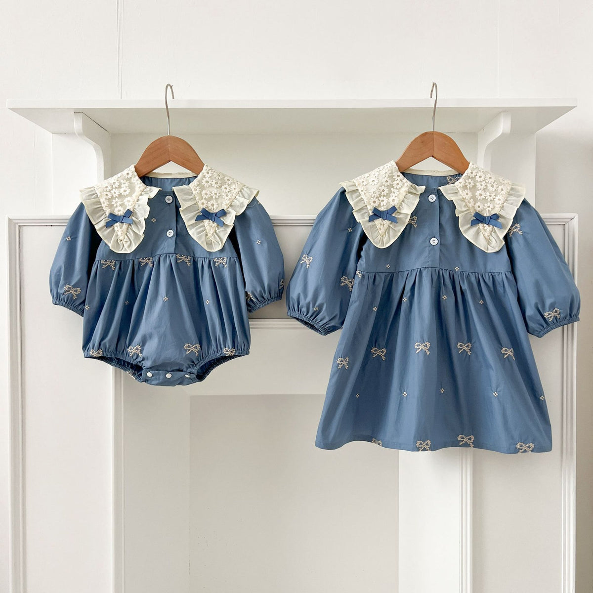 Girls Blue Bow Print Dress & Baby Romper – Lace Collar Sister Matching Outfit