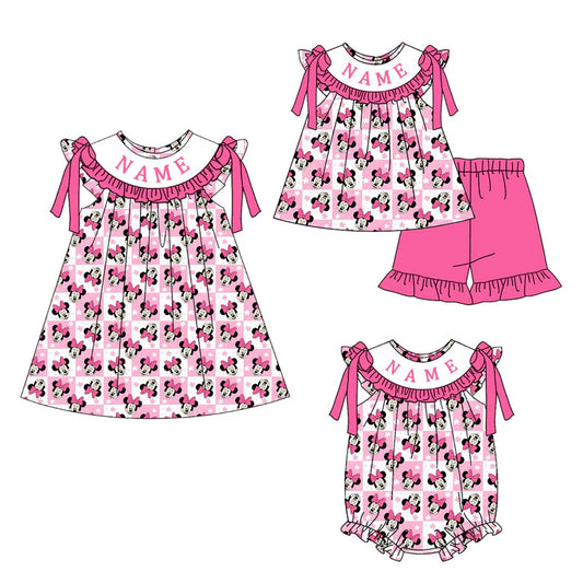 Summer Girls Pink Mouse Custom Name Smocked Embroidery Set Collection