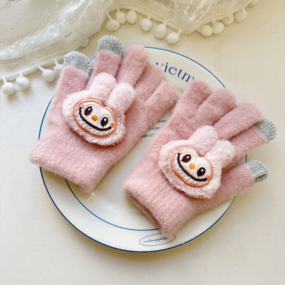 Winter Knit Gloves with Plush Doll Decoration Warm Fuzzy Finger Gloves for Parent Child Matching
