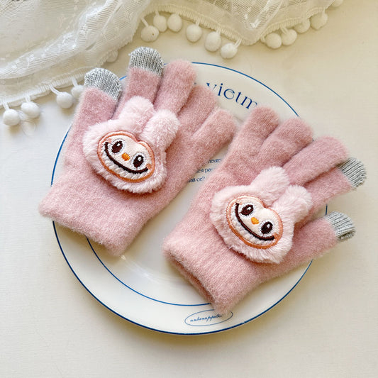 Winter Knit Gloves with Plush Doll Decoration Warm Fuzzy Finger Gloves for Parent Child Matching