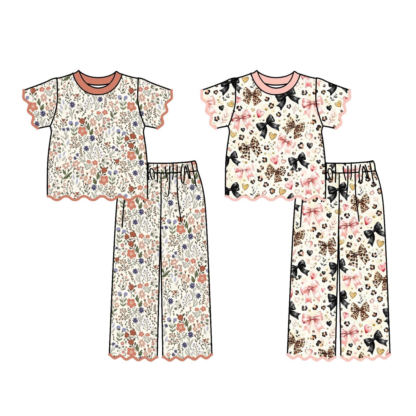 Girls Fall Scallop Two-Piece Set – Floral & Bow Print Ruffle Top with Wide Leg Pants