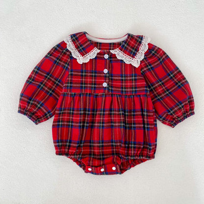 Christmas Red Plaid Girls Dress & Baby Romper – Cotton Long Sleeve Sister Matching Outfit