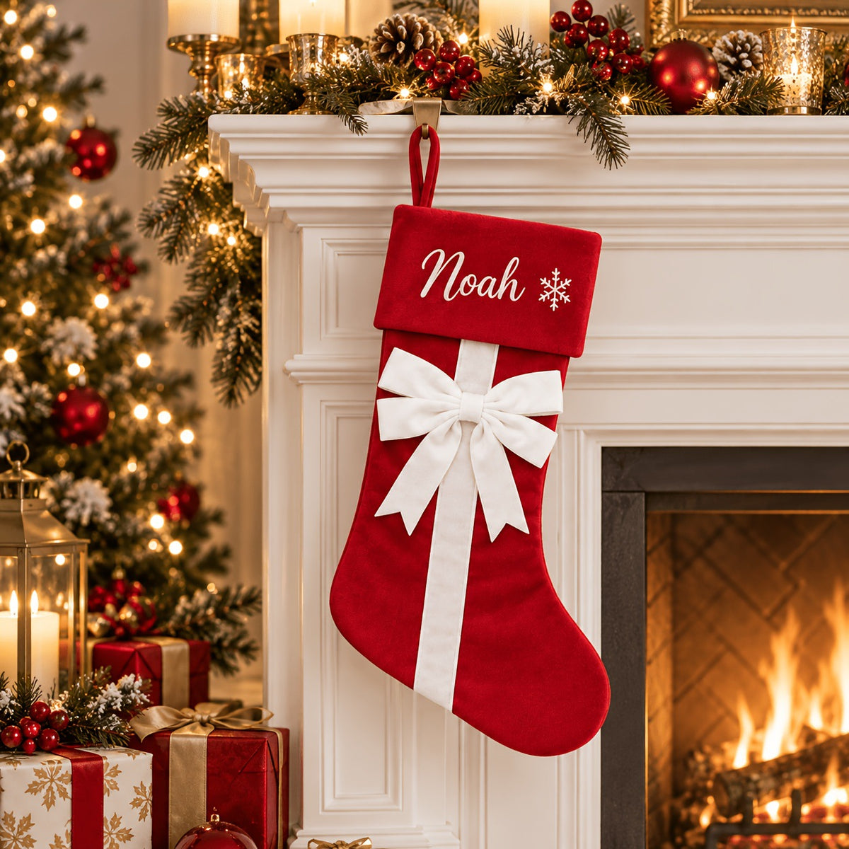 Personalized Christmas Stockings with Velvet Bow – Custom Name Embroidered Holiday Stocking, Red Green Beige White Christmas Tree & Fireplace Decor