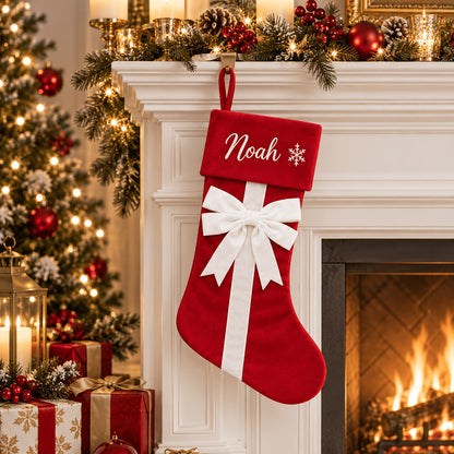 Personalized Christmas Stockings with Velvet Bow – Custom Name Embroidered Holiday Stocking, Red Green Beige White Christmas Tree & Fireplace Decor