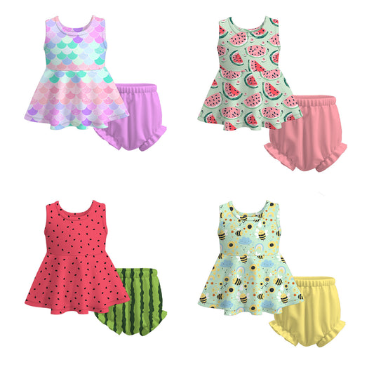 Baby Girls Summer Watermelon Mermaid Bee Print Short Set