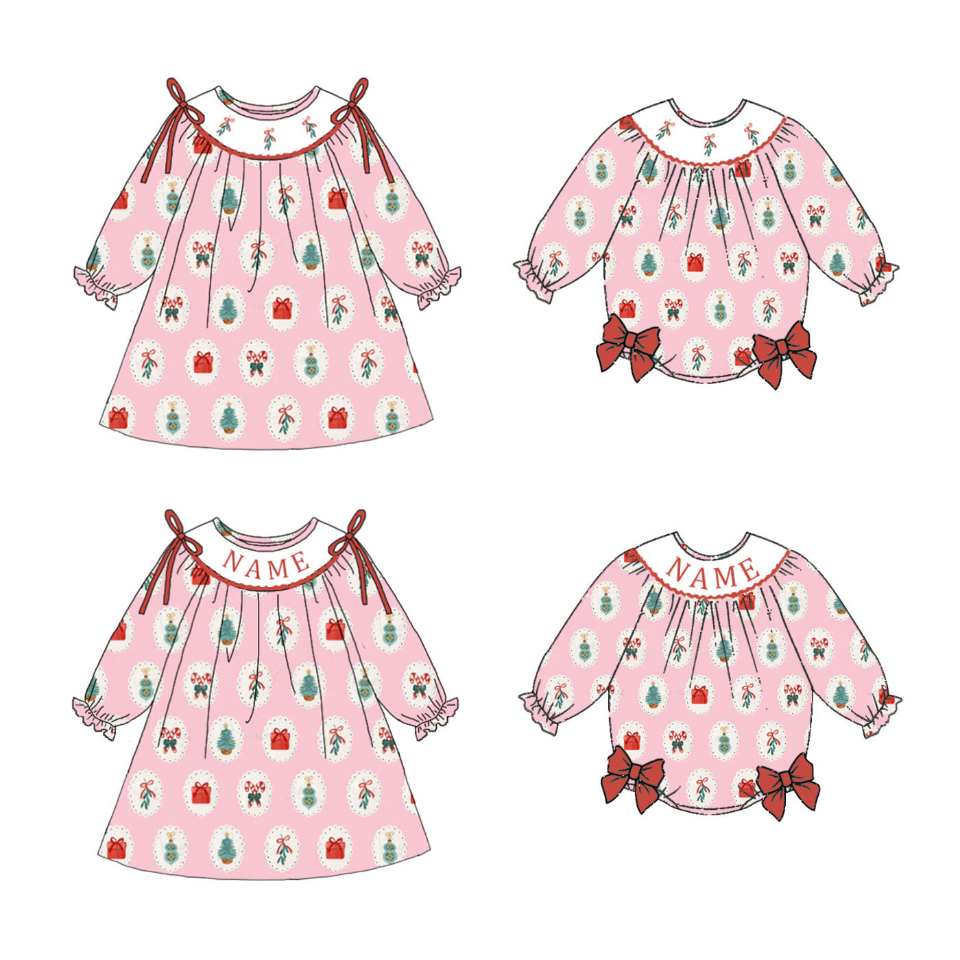 Girls Christmas Gift Smocked Embroidery Custom Name Dress & Romper