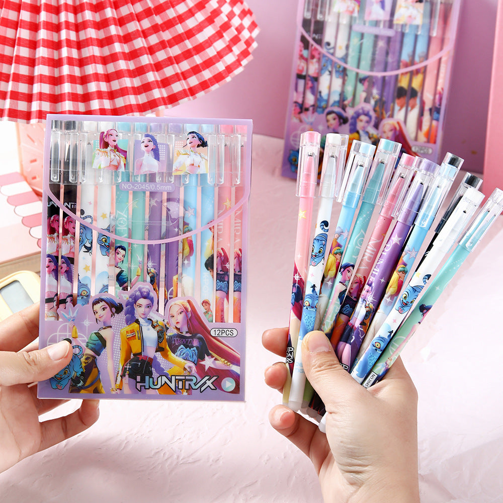 K-Pop Demon Hunters Erasable Gel Pen Set Black Ink 12pcs Cartoon Stationery