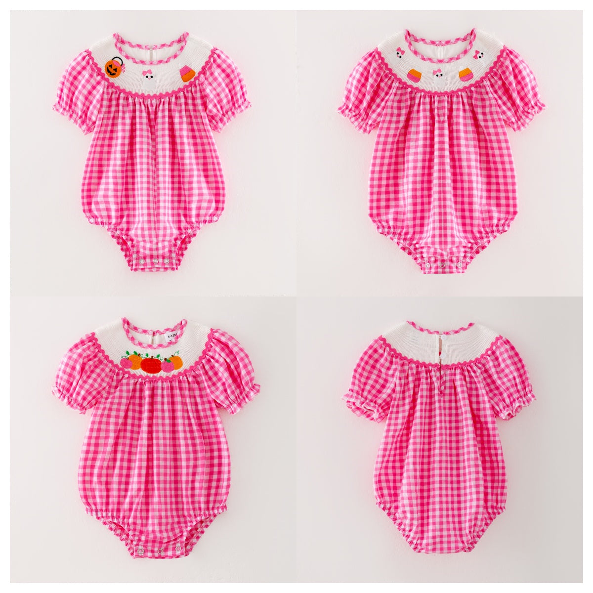 Baby Girls Halloween Pink Plaid Smocked Embroidery Bubbles