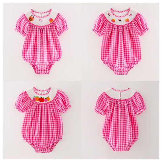 Baby Girls Halloween Pink Plaid Smocked Embroidery Bubbles