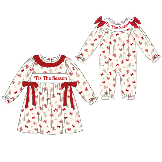 Christmas Tis The Season Sister Embroidered Red Bow Dress&Romper