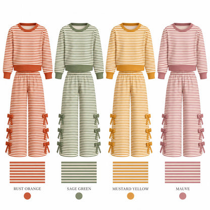 Girls Fall Winter Striped Bow Flare Pants Set – Long Sleeve Two-Piece Boutique Outfit