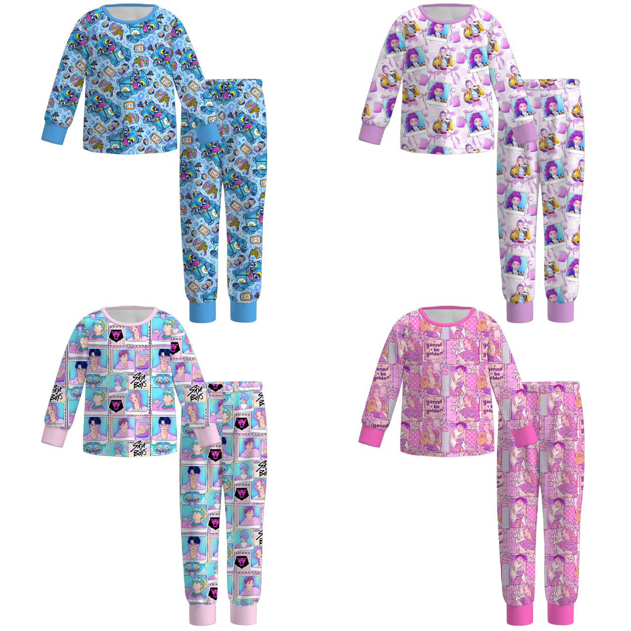Girls Kpop Demon Hunter Print Long Sleeves Pajamas Set