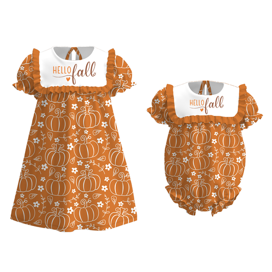 Girls Sister Hello Fall Embroibery Pumpkin Sibling Clothes