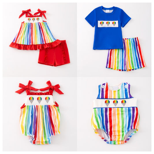 Sibling Summer Kids Rainbow Embroidery Short Set & Romper