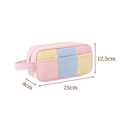 Color Block Corduroy Makeup Bag – Large Capacity Cosmetic Storage Pouch with Handle