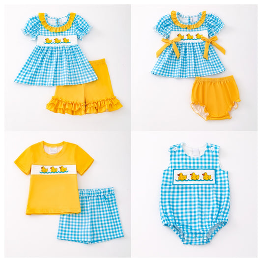 Kids Sibling Summer Rubber Ducks Embroidery Smocked Clothes