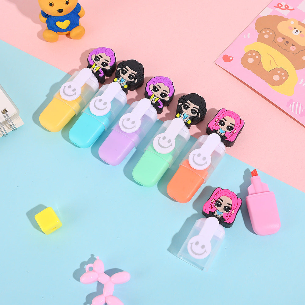 K-POP Demon Hunters Smile Mini Highlighters – 6-Pack Creative Cartoon Doodle Markers