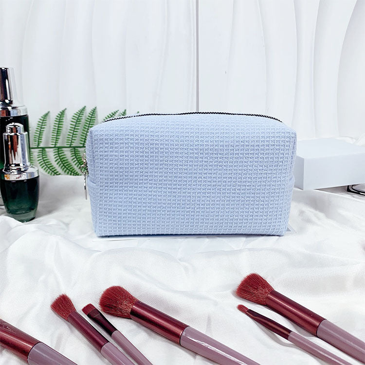 Waffle Fabric Solid Color Makeup Pouch Travel Toiletry Bag